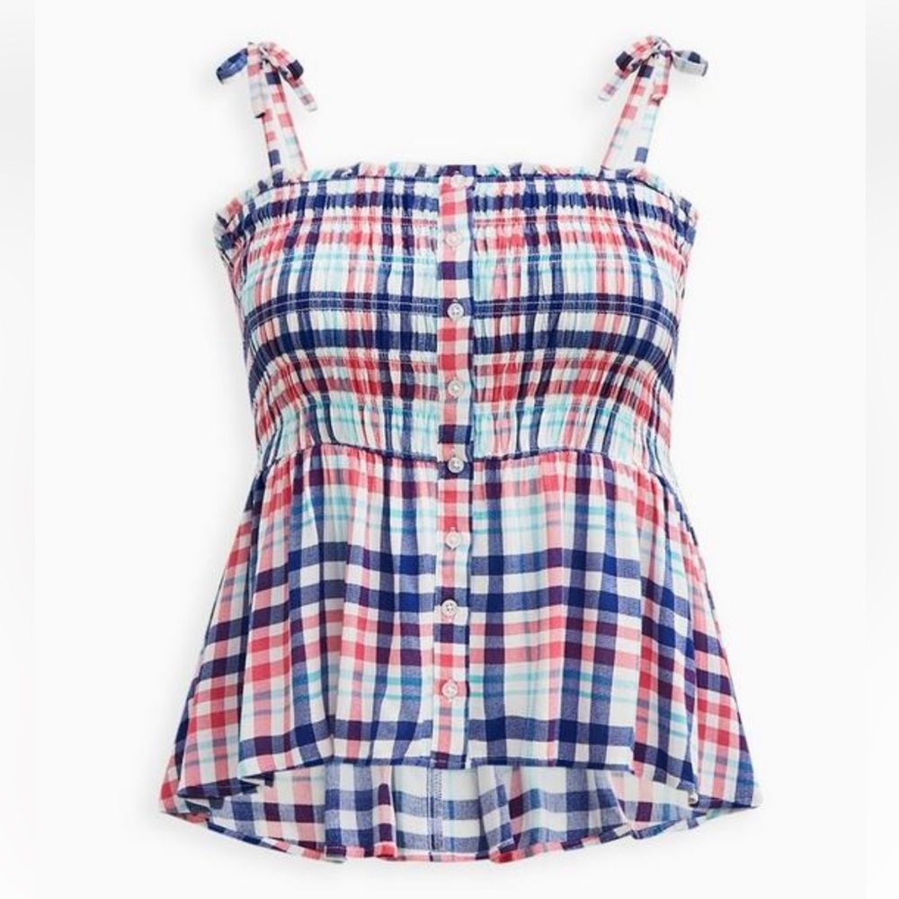 Torrid Peplum Smocked Bodice Cami Crinkle Gauze Plaid White